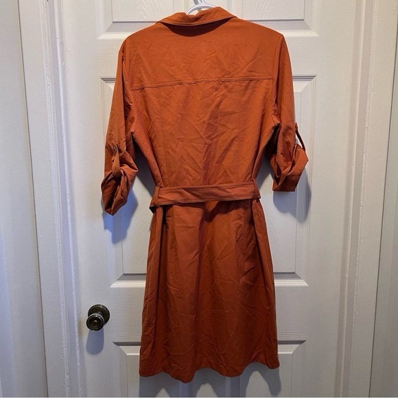 Sharagano Dress orange women Large belt midi summer pocket shirt sleeve - Picture 3 of 6